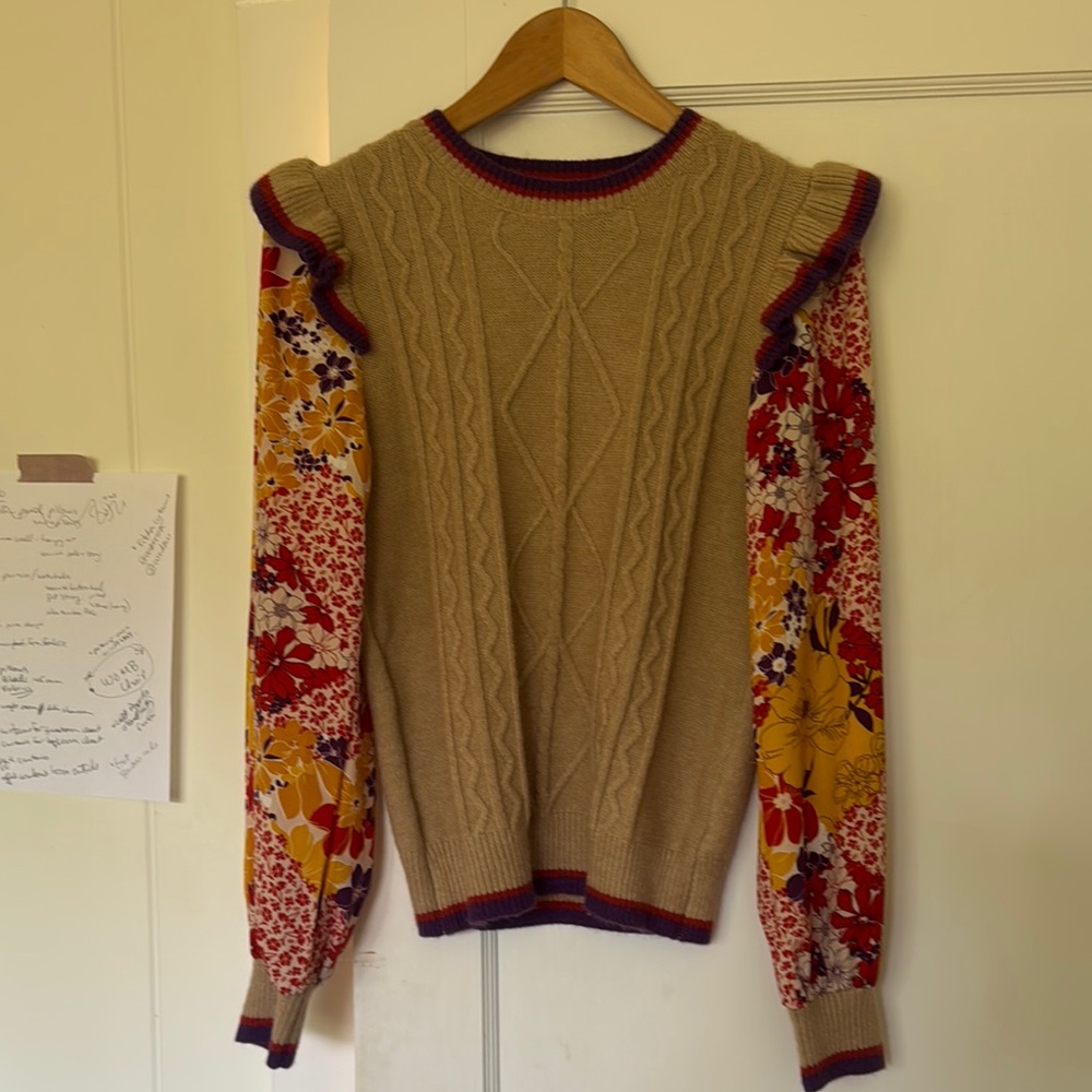 Tan and Red Crew Neck Sweater with Floral Sleeves